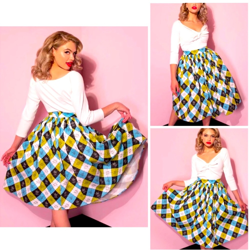 Vixen by Micheline Pitt × Ghostbusters Argyle Print Swing Skirt Size Small